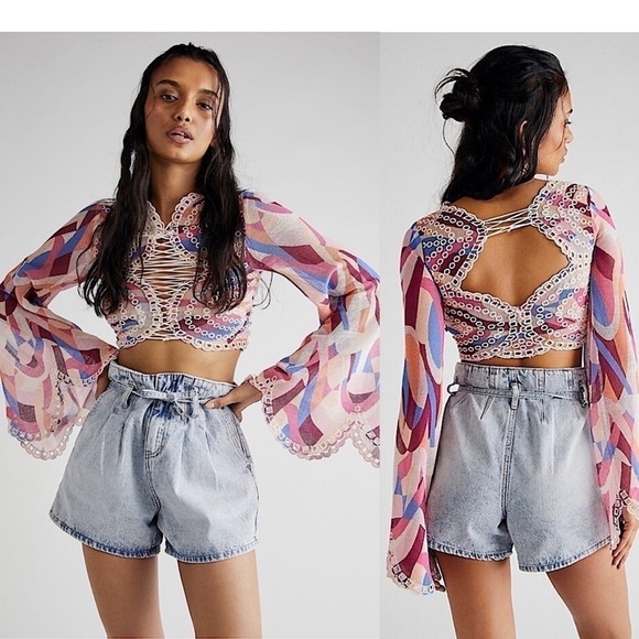 RARE-NWT-FREE People Eyes on You Bell Sleeve Eyelet Mesh Crop(Size:XLarge) - Picture 1 of 12